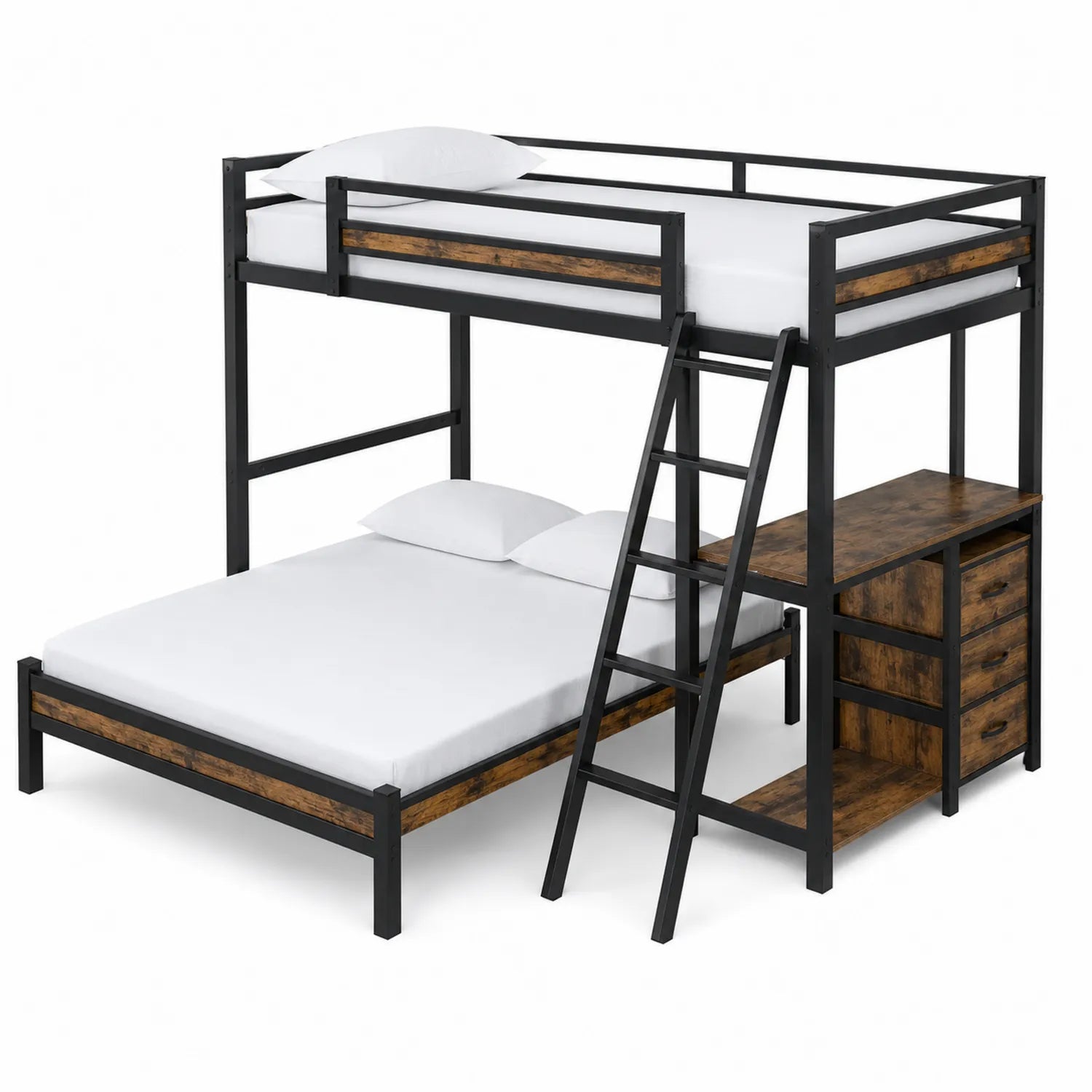 Metallholz-Etagenbett mit Schreibtisch und Leiter Schwarz/Braun