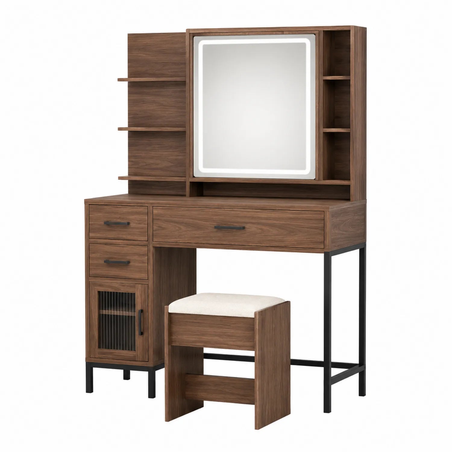 Schminktisch-Set aus Walnuss Holz und Metall mit LED-Spiegel