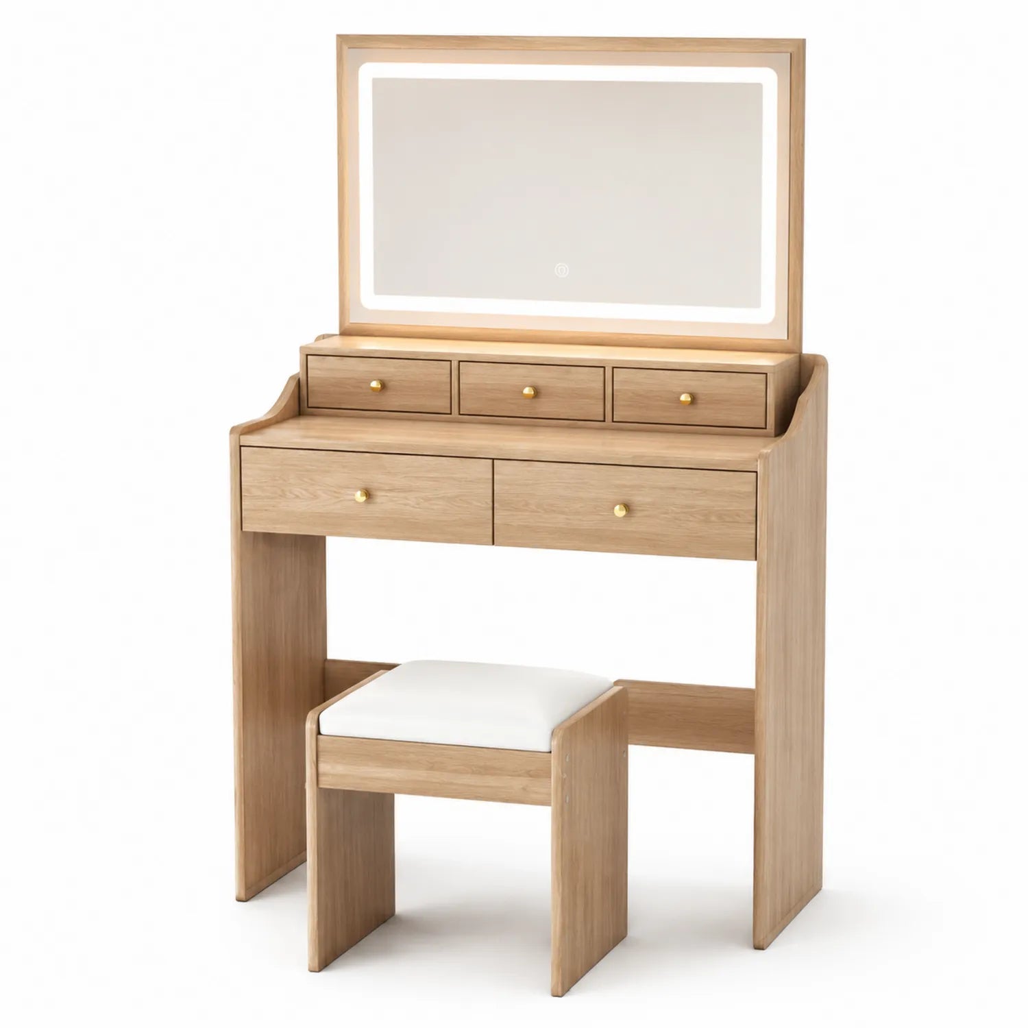 Schminktisch Set mit Spiegel und LED Beleuchtung, Eiche, Naturholz/Weiß