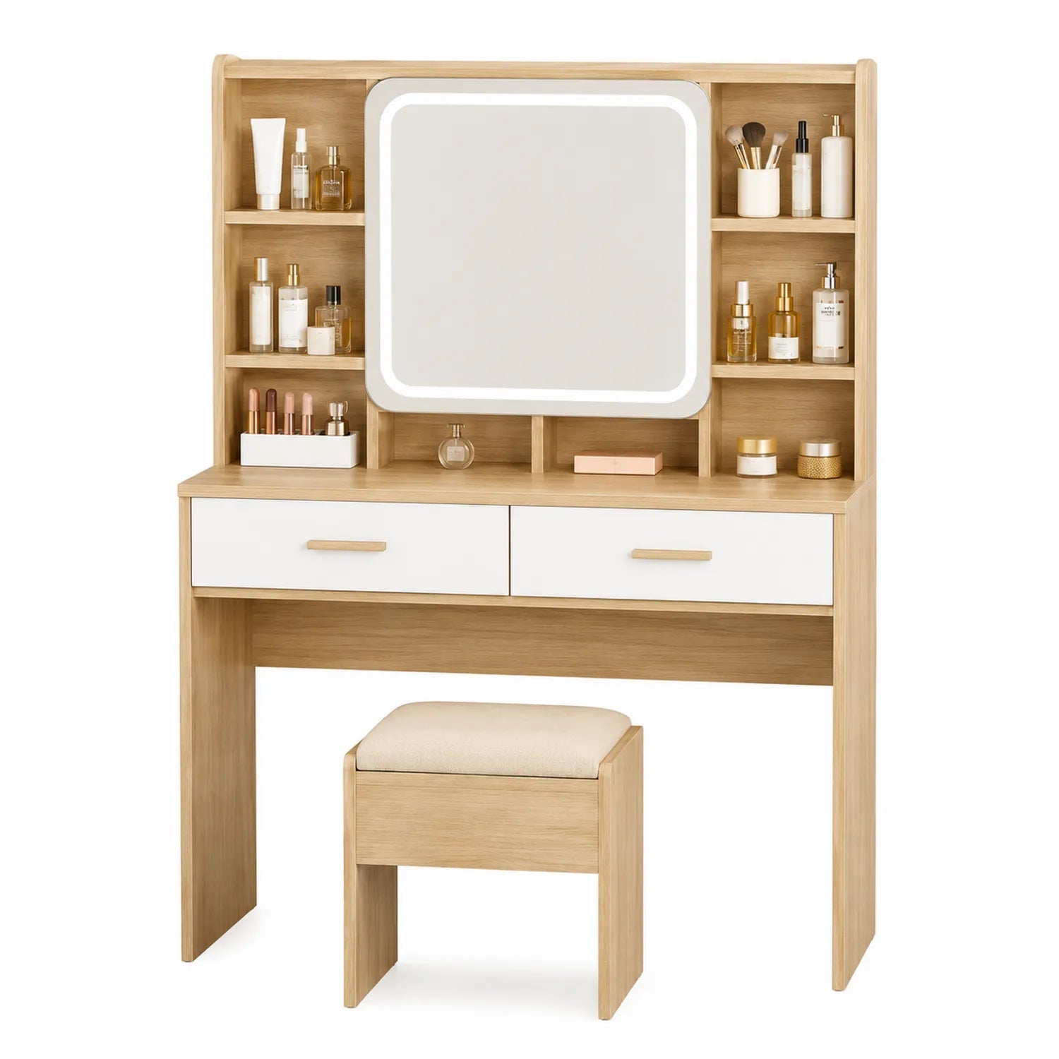 Holz-Schminktisch mit Spiegel und Hocker, Natur/Weiß