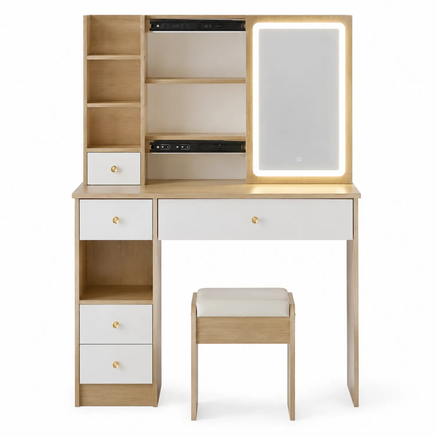 Schminktisch-Set aus Holz mit LED-Spiegel und Hocker, Eiche/Weiß
