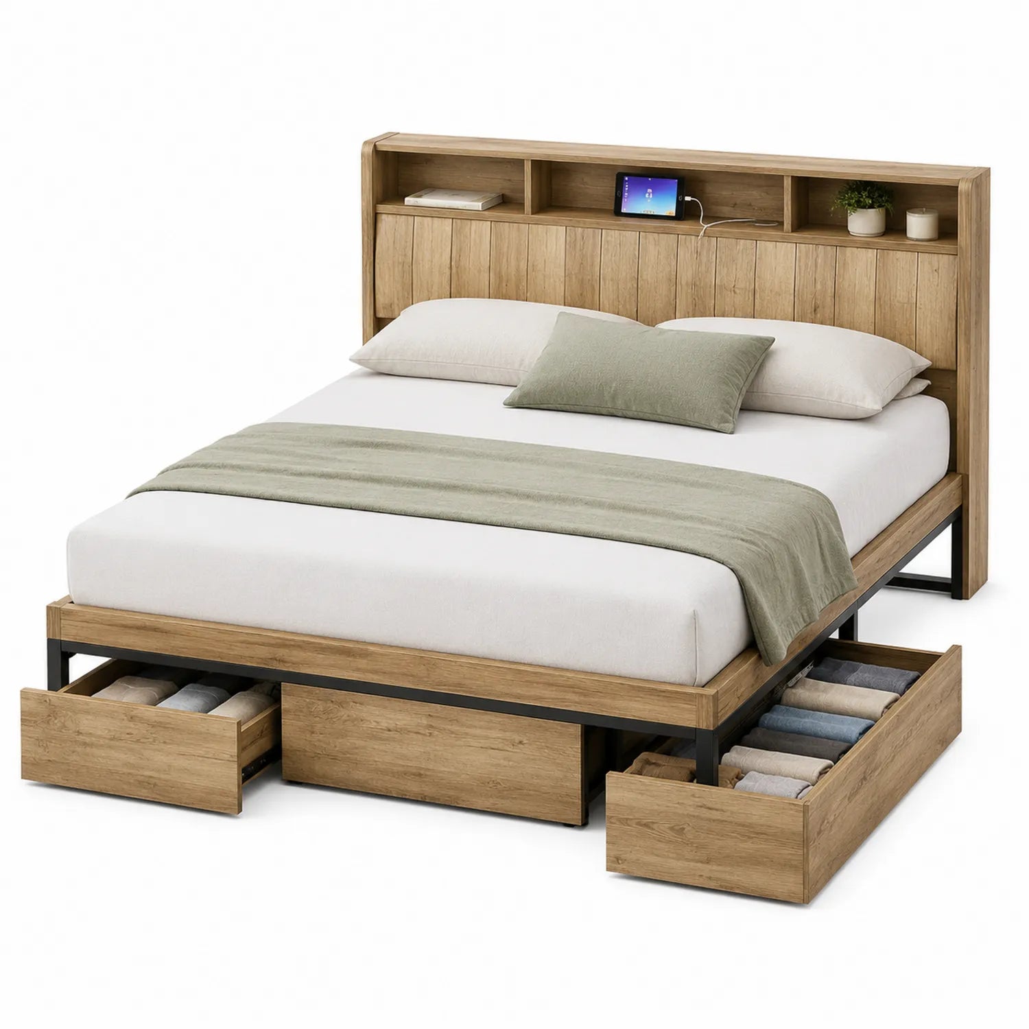 Bett aus Holz mit Regalkopfteil und Schubladen 200x160 cm