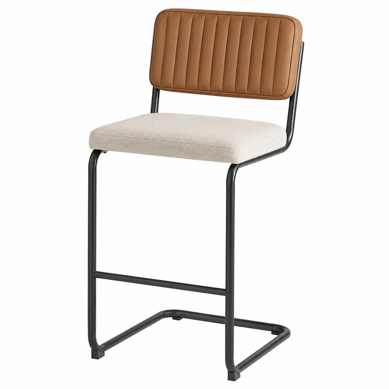 Barhocker mit Leder-Rückenlehne und Stoff-Sitz, Metallrahmen Braun/Beige
